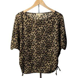 MICHAEL Michael Kors Tan Leopard Print Loose Drop Sleeve Blouse w/Tassels Size M